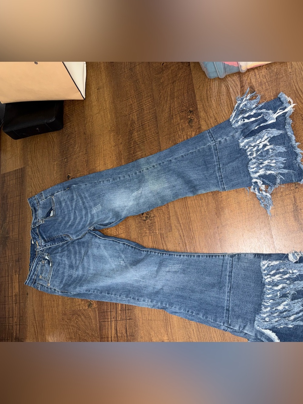 Luxe Distressed Blue Flare Jeans with Frayed Hem